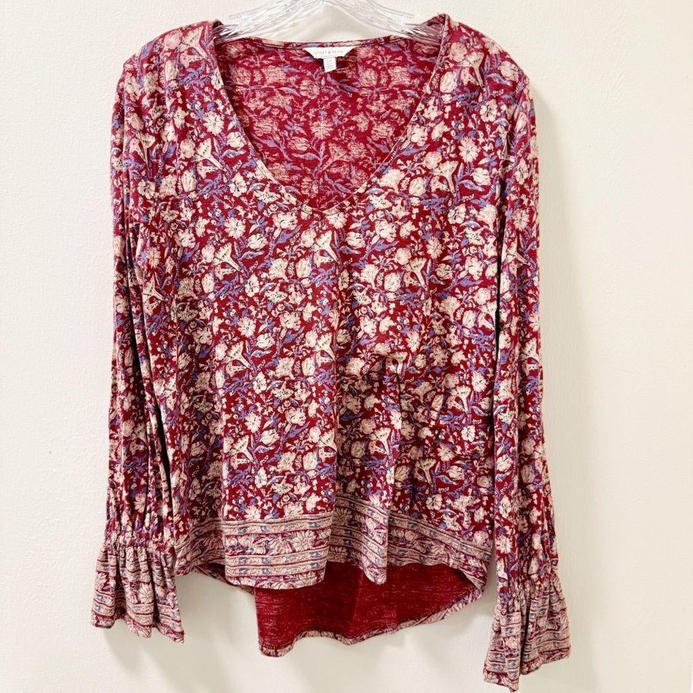 Lucky Brand Boho Floral Long Sleeve Ruffle Cuff Blouse Size S